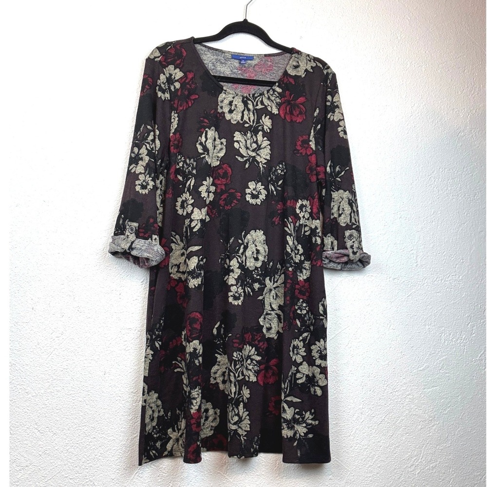 Apt. 9 Black Floral Knit Dress - XL - 3/4 Sleeve Roll Tab Boho Cottagecore